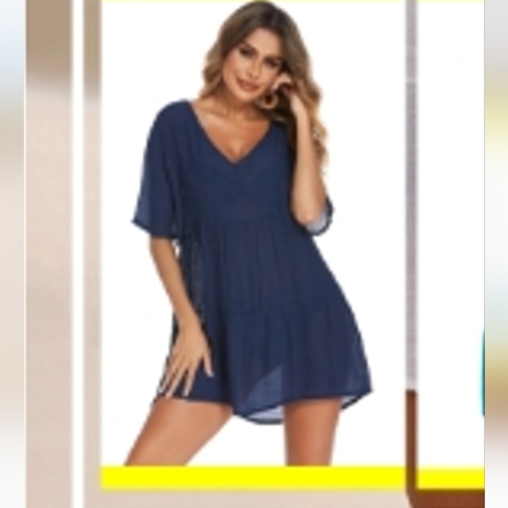 AOLRO Women's Blue Beach Cover Ups V Neck Swimsuit dress Loose Bathing Suit